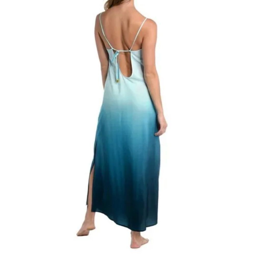 NWT LA BLANCA Turquoise Ombré Oasis Back-Tie Side-Slit Cover-Up Dress - Picture 2 of 4